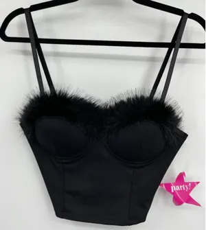 Say What Black Faux Fur Feathers Trim Bustier Crop Top Corset Padded Large NEW thumbnail 1