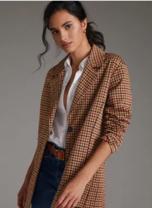 Avec Les Filles Longline Plaid Houndstooth Blazer Tan Red Black Size S thumbnail 1
