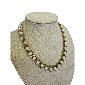 Vintage Gold Tone Chunky Heavy Gold Link w/Faux‎ Pearl 16" Necklace thumbnail 3