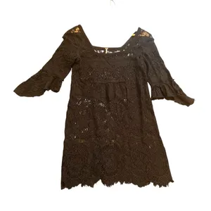 Free People Black Lace Bell Sleeve Mini Dress XS Festival Boho Crochet Tunic thumbnail 1