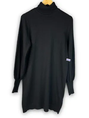 NEW WAYF Turtleneck Knit Sweater Dress Mini Length Balloon Sleeve Black Medium thumbnail 2