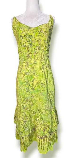 Vintage Lime‎ Green Batik Rayon Tiered Sundress Boho Tropical Midi Dress Artsy thumbnail 1