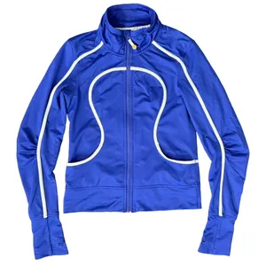 Lululemon Asana Blue Zip Up Track Jacket White Piping Thumbholes Size S / M thumbnail 1