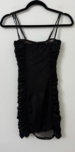 {XS} White Fox Black Ruched Slip Dress with Spaghetti Straps and Body Suit thumbnail 1