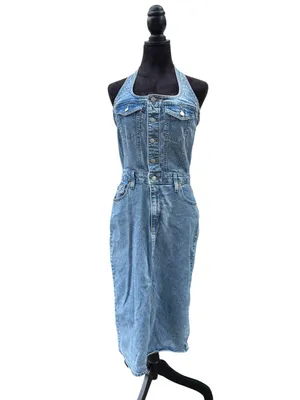 Universal Threads Denim Halter Midi Dress 90s Y2K Button Front Slit Pockets⁠ Sz 6 thumbnail 3