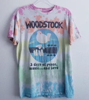 Vintage Wood Stock Liquid Blue Tie Dye Short Sleeve Band Tee Shirt thumbnail 1