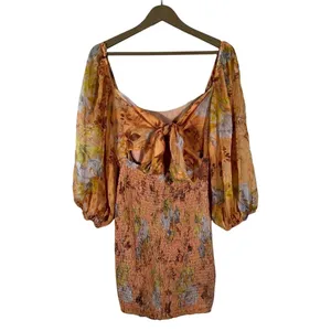 Here Comes The Sun Floral Smocked Balloon Sleeve Back Tie Mini Dress Orange Sz M thumbnail 4