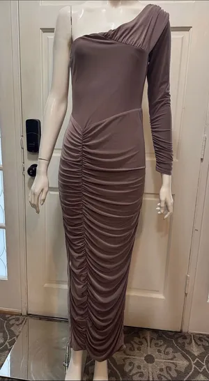 Club L London Brown Ruched Twist Bardot Maternity Midi Dress One-Shoulder Size 8 thumbnail 1