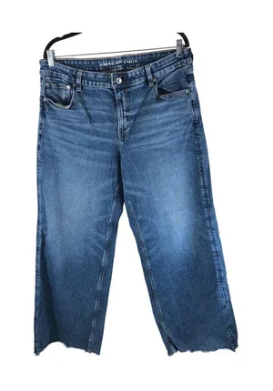 American Eagle Womens Low-Rise Baggy Wide Leg Jeans Size 14 Stretch Raw Hem thumbnail 1