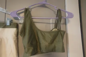 Workout exercise loungewear casual summer active shorts and one should top sports bra set in olive green and beige thumbnail 9