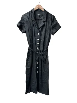 Quince 100% European Linen Button Front Short Sleeve Tie Midi Dress Black Small thumbnail 3