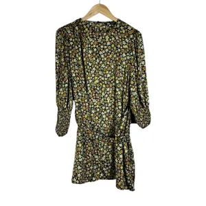 Zara Ditsy Floral Print Mini Dress Yellow Brown Boho Smocked Cuff Size M thumbnail 3