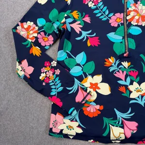 LOFT Women's Large Navy Blue Floral Long Sleeve 1/4 Zip Rash Guard Swim Top thumbnail 3