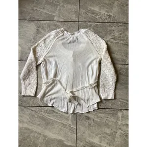 Knitted by Anthropologie White Open Knit Ruffle Hem Cardigan Sweater Tie Back M thumbnail 7