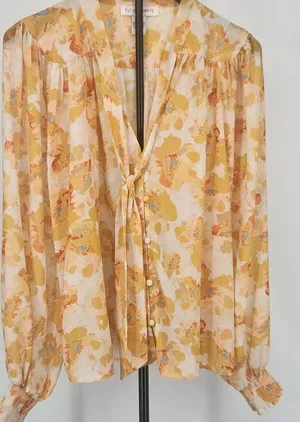 Flying Tomato Yellow Floral Tie-Neck Blouse with Button Front thumbnail 1