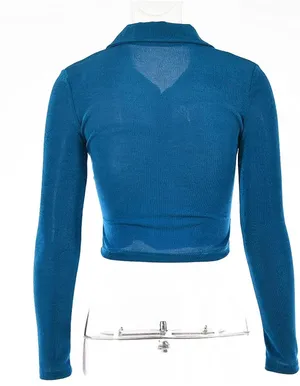 Women Button Down Ruched Long Sleeve Top Blue Size M thumbnail 5