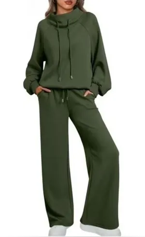 2 piece Olive Green Wide-Leg Lounge Pants - Women's Casual Pull-On Fall Wide Leg thumbnail 1