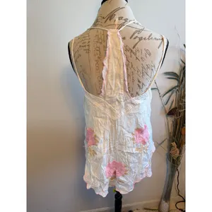 Free People Womens White Pink Rose Embroidered Boho‎ Button Front Cami Top M thumbnail 4