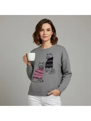 Beldini Double Knit Novelty Cat sweater from Grey kitties graphic design Sz L thumbnail 2