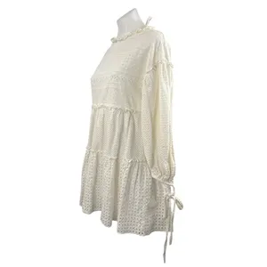 Women's Ivory Eyelet Embroidery Balloon Sleeve Tiered Mini Flare A-Line Dress S thumbnail 2
