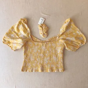 Abercrombie & Fitch Smocked Floral Puff Sleeve Top Women Large Yellow thumbnail 7