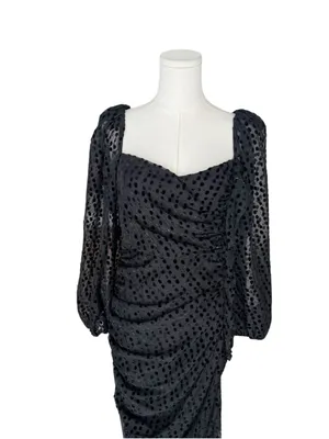 ASTR The Label x Revolve - Athens Black Velvet Polka Dot Ruched Midi Dress Sz M thumbnail 4
