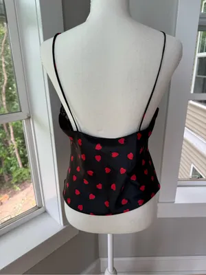Vintage La Monette Black Lace Satin Camisole with Red Heart Print Size Medium thumbnail 3