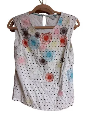 Embroidered Polka Dot Sleeveless Top With Floral Pattern & Keyhole Back thumbnail 1