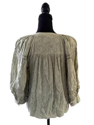 Anthropologie Womens Medium Green Textured Cotton Lace Boho Peasant Blouse Top thumbnail 3