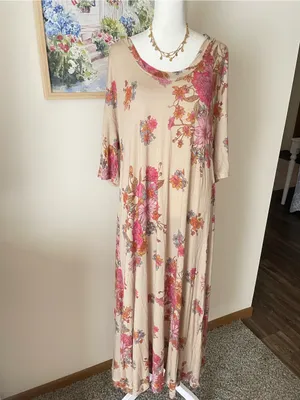 Natural Life Super Soft Jersey Floral Knit Midi Dress Tan Pink Beige Large thumbnail 2
