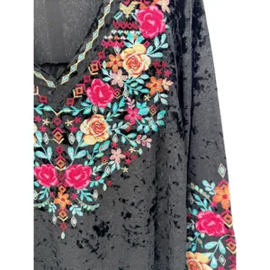 Black Crushed Velvet Floral Embroidered V-Neck Blouse Large Boho Peasant‎ Folk thumbnail 2