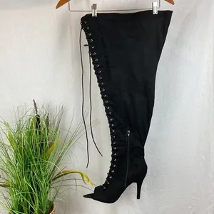 FTF Nadia Black Faux Suede Lace Up Thigh High Heel Boots 11 Wide thumbnail 2
