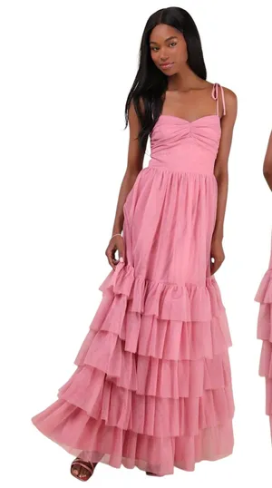 Lulus Endlessly Darling Dusty Rose Mesh Tiered Tie-Strap Maxi Dress size XL NWT thumbnail 1