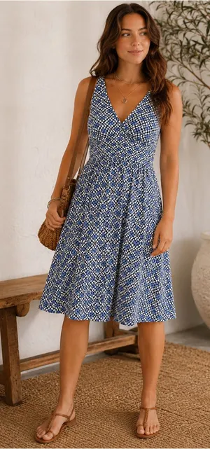 Patagonia Margot Blue White Geometric Jersey Knit V-Neck Sleeveless Dress thumbnail 1