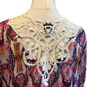 COMO Vintage Top Blouse Tunic SZ L Multicolor Sheer Crochet Bell Sleeves Boho thumbnail 5