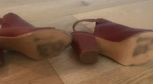Frye Chestnut Brown Sling Back peep toe Chunky Leather Heels thumbnail 7