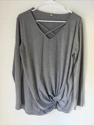 Gray Long-Sleeve Twist-Hem Top with V-Neck and Crisscross Detail Size Large thumbnail 1