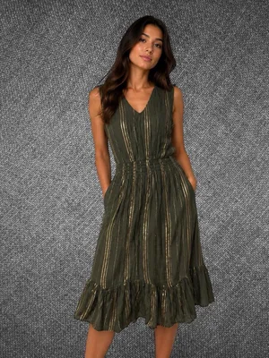 Luxology Olive Green Metallic Stripe Midi Dress thumbnail 3