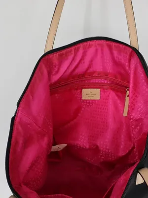Kate Spade New York Black Nylon Tote Pink Lining Tan Leather Handles Work Bag thumbnail 8