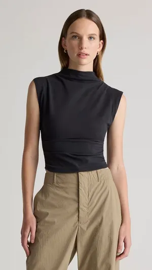 NWT Quince Mock Neck Sleeveless Black Tank Top Side Ruching Sz Medium thumbnail 1