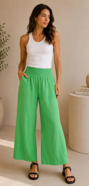 HYFVE Linen Blend Wide Leg Pants High Rise Smocked Waist Kelly Green L thumbnail 1