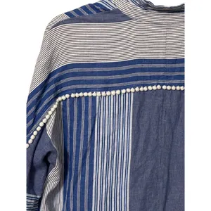 NIC+ZOE Linen Blend Striped Tunic Top Mini Dress Large Blue White Pom Trim thumbnail 5