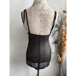 Victorias Secret Black‎ Sheer Mesh Script Print Chemise Side Cut Out Lace Trim S thumbnail 2