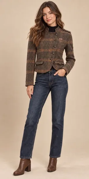 Hollister Brown Houndstooth Plaid Wool Blend Military Blazer Y2K Preppy academia thumbnail 1