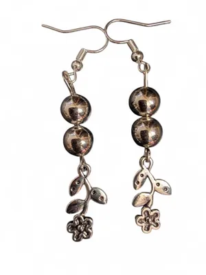 Handmade Silver Floral Leaf Dangle Earrings Metallic Beaded Drops thumbnail 2