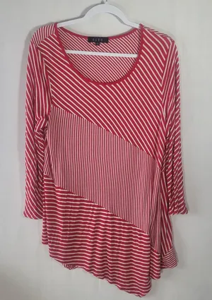 BLEU Stripe Asymmetric Hem Tunic Top XL Red White Multi Directional Long Sleeve thumbnail 1