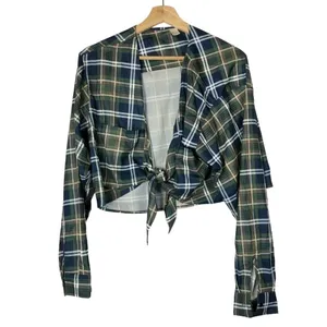 Boutique Green & Blue Plaid Tie Front Crop Long Sleeve Top‎ M thumbnail 2