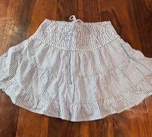 Francescas Blue Rain Striped Smocked Tiered Ruffle‎ Mini Skirt Blue White Gold M thumbnail 1
