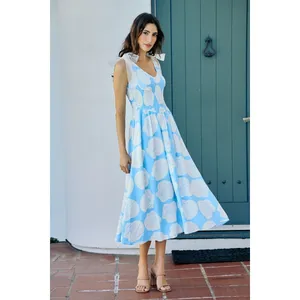 SO ME Shell Smocked Bodice Shoulder Tie‎ Lined Midi Dress - Blue - Large thumbnail 2