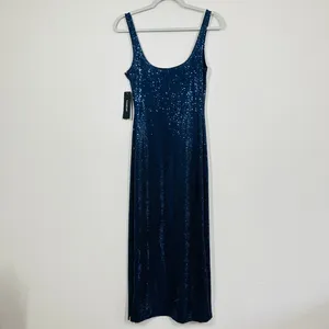 Bebe Women's Size Small Navy Blue Sequin Scoop Neck Maxi Dress Side Slit Party thumbnail 12